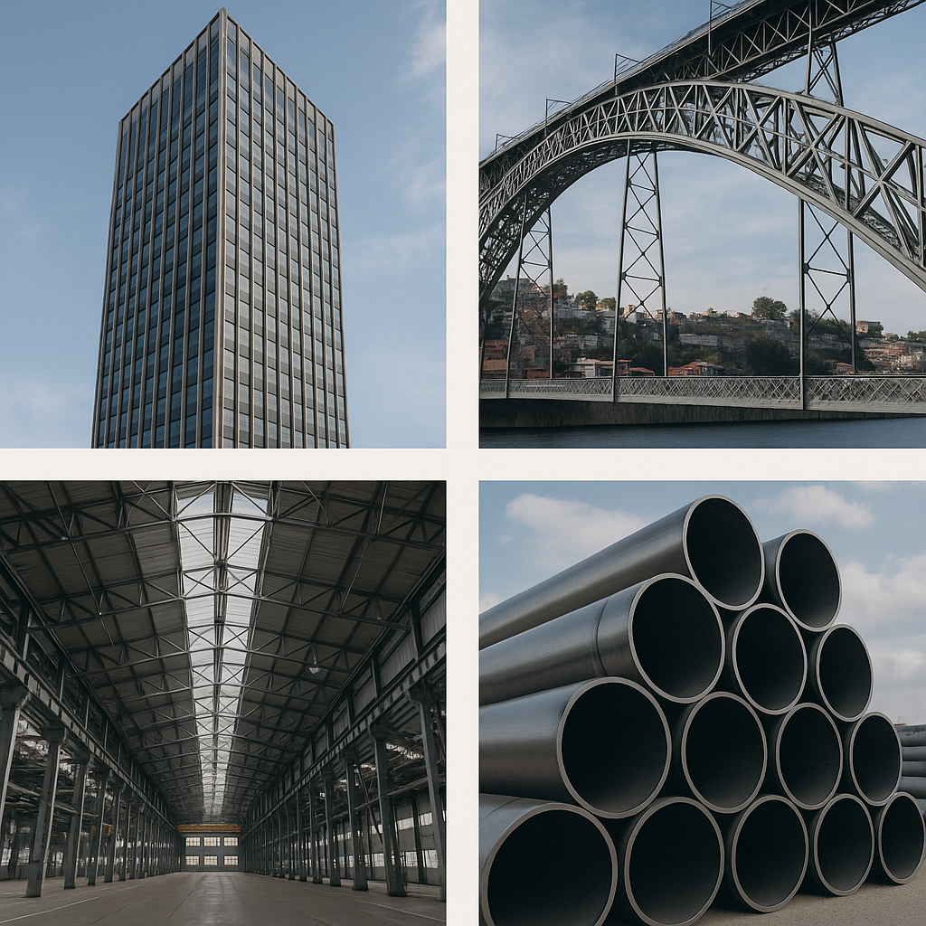 Diversas aplicações de aço em obras, incluindo edifícios e pontes
