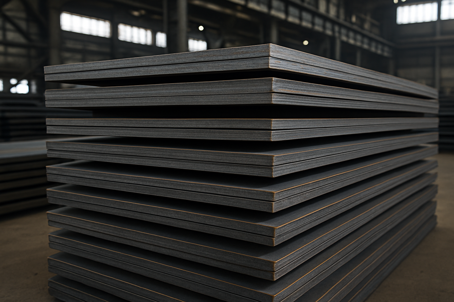 Chapas de aço empilhadas e organizadas em um armazém