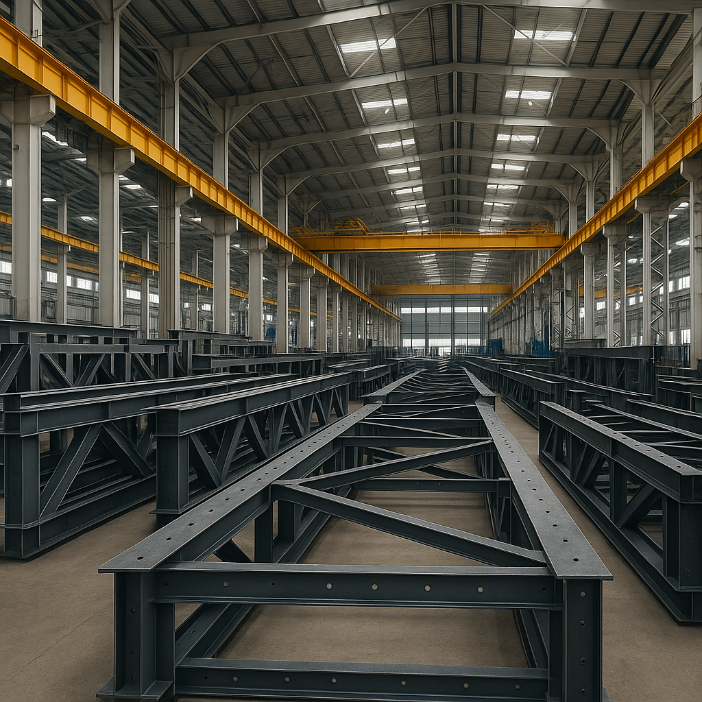 Estruturas metálicas prontas e organizadas em um galpão industrial