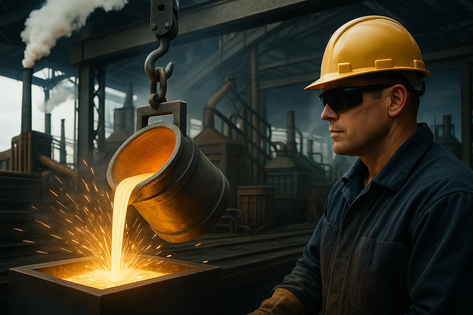 Trabalhador em fábrica de aço despejando metal incandescente